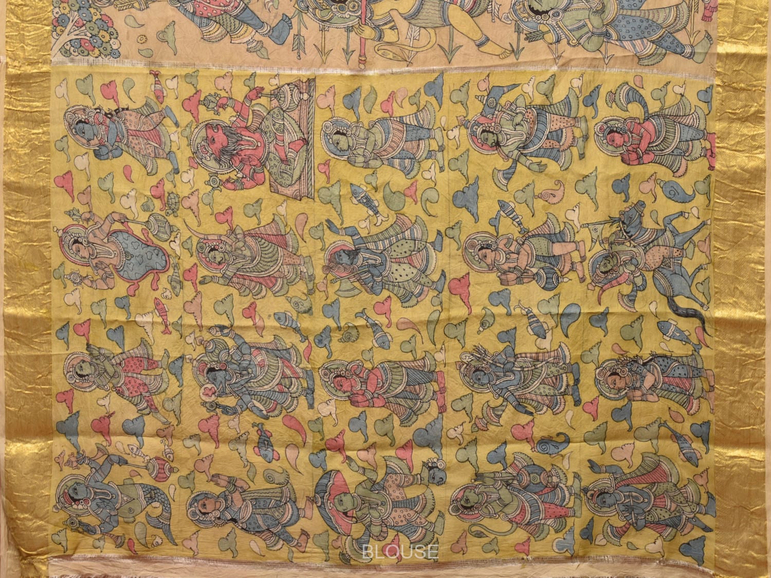 Peach Kalamkari Hand Painted Kanchipuram Silk Handloom Saree with Ramayana Design - Global Threads