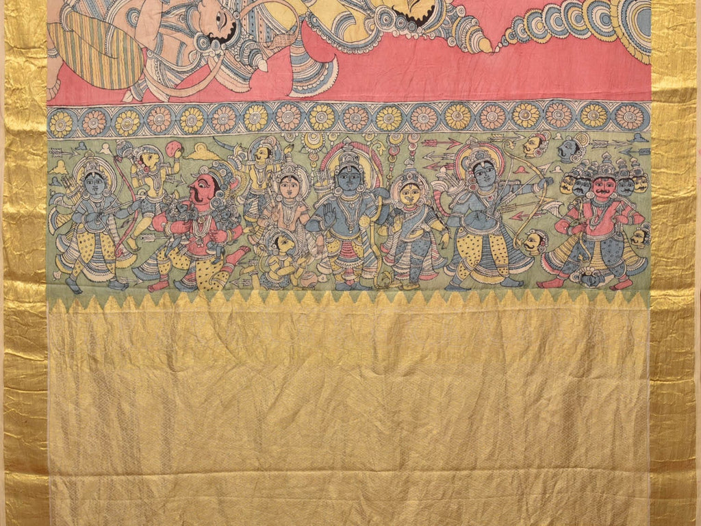 Peach Kalamkari Hand Painted Kanchipuram Silk Handloom Saree with Ramayana Design - Global Threads