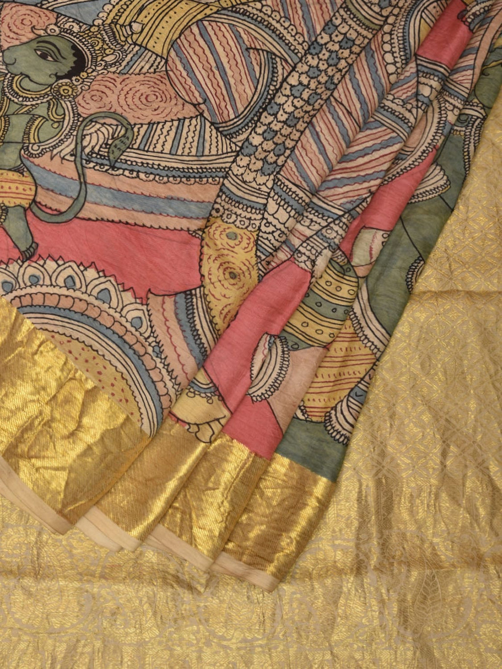 Peach Kalamkari Hand Painted Kanchipuram Silk Handloom Saree with Ramayana Design - Global Threads