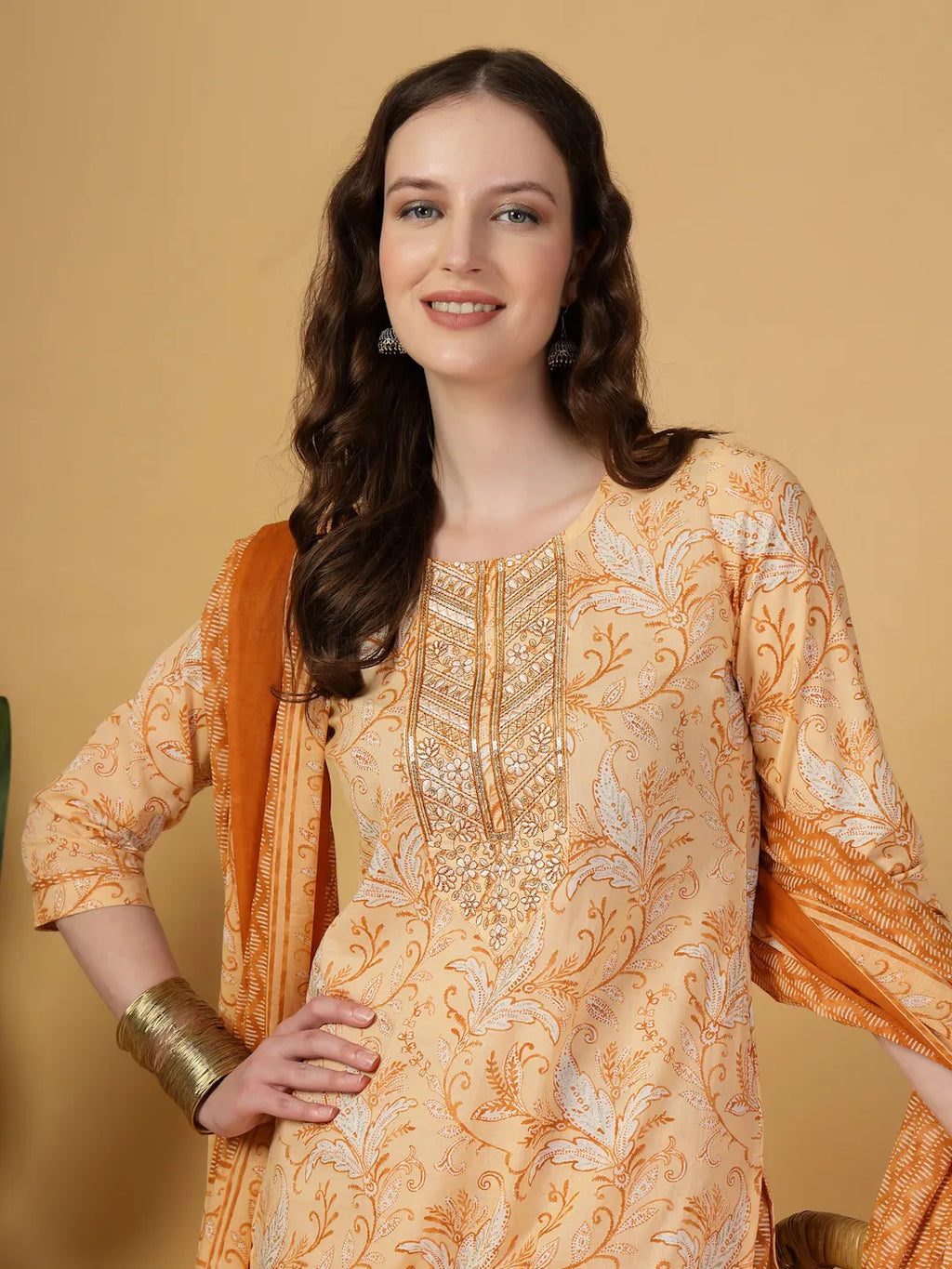 Yufta Peach Pure Cotton Kurta Dupatta Pant Set - Distacart