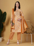 Yufta Peach Pure Cotton Kurta Dupatta Pant Set - Distacart