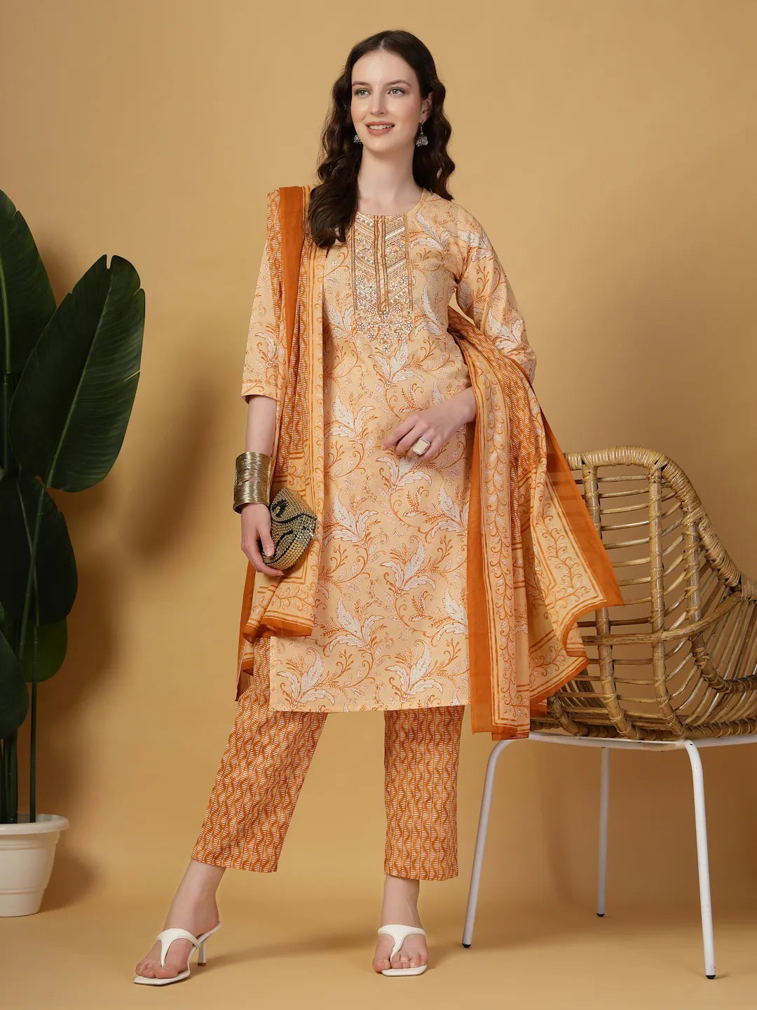 Yufta Peach Pure Cotton Kurta Dupatta Pant Set - Distacart
