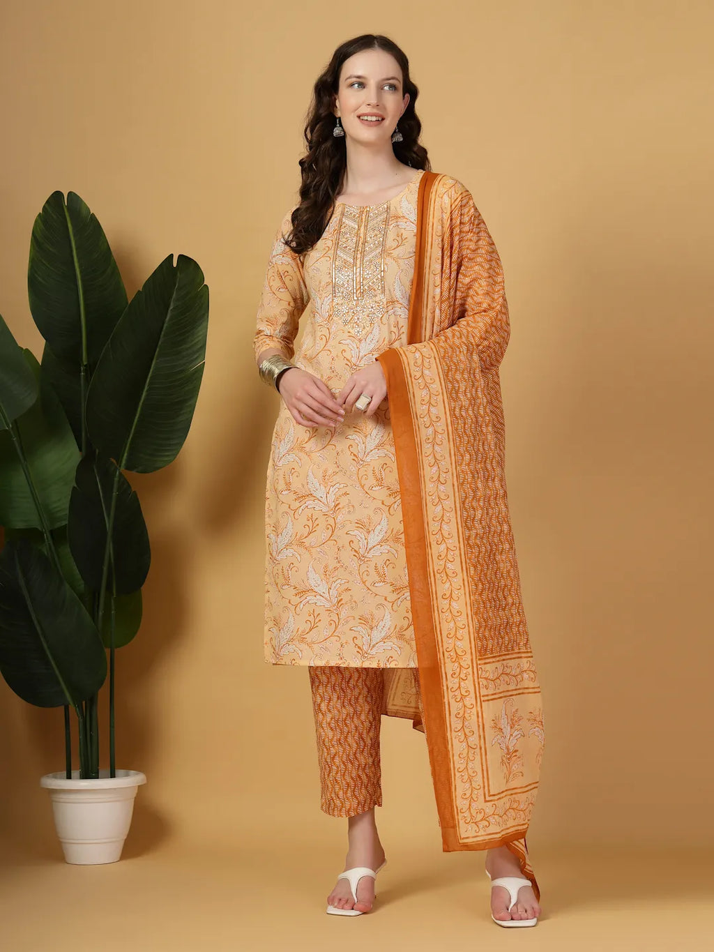 Yufta Peach Pure Cotton Kurta Dupatta Pant Set - Distacart