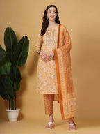 Yufta Peach Pure Cotton Kurta Dupatta Pant Set - Distacart