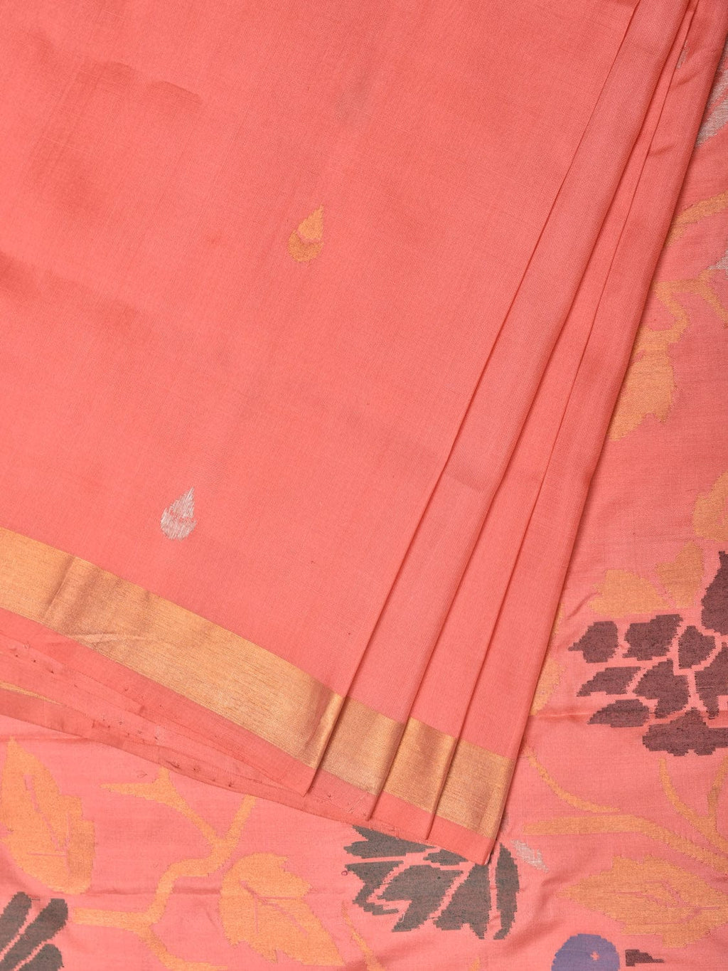 Peach Uppada Silk Handloom Saree with Birds and Floral Pallu Design - Global Threads