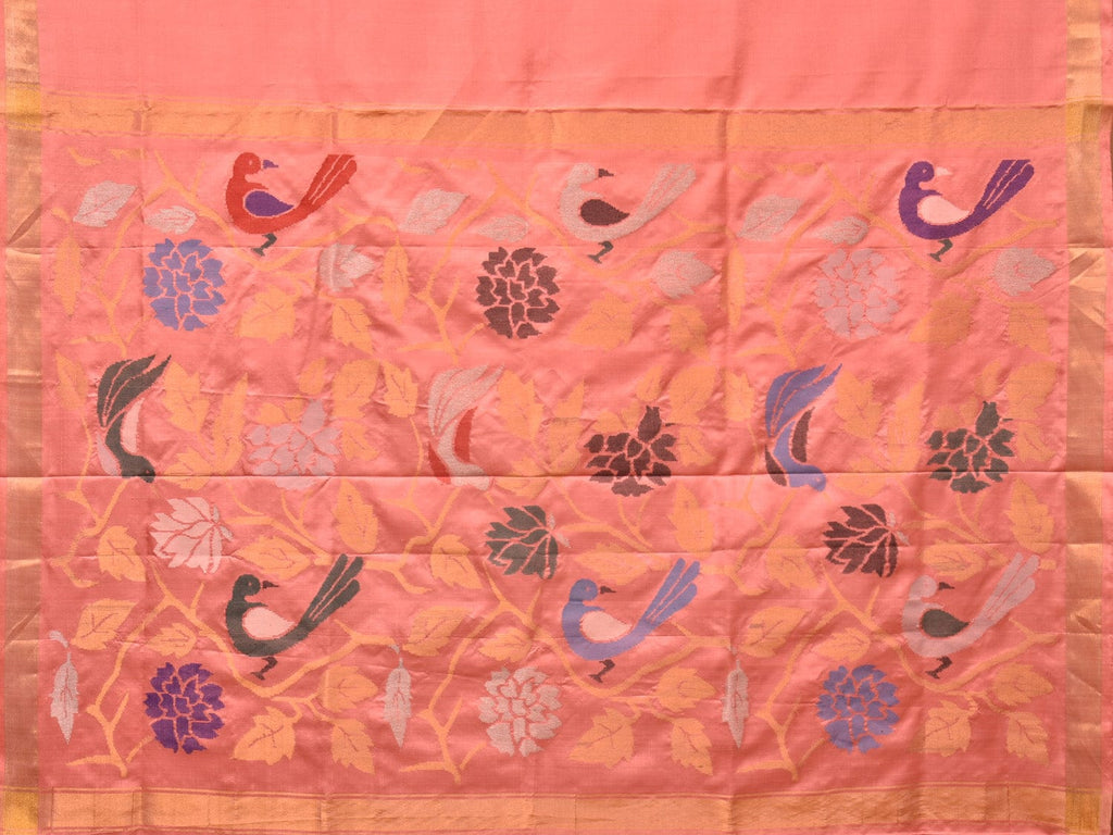 Peach Uppada Silk Handloom Saree with Birds and Floral Pallu Design - Global Threads