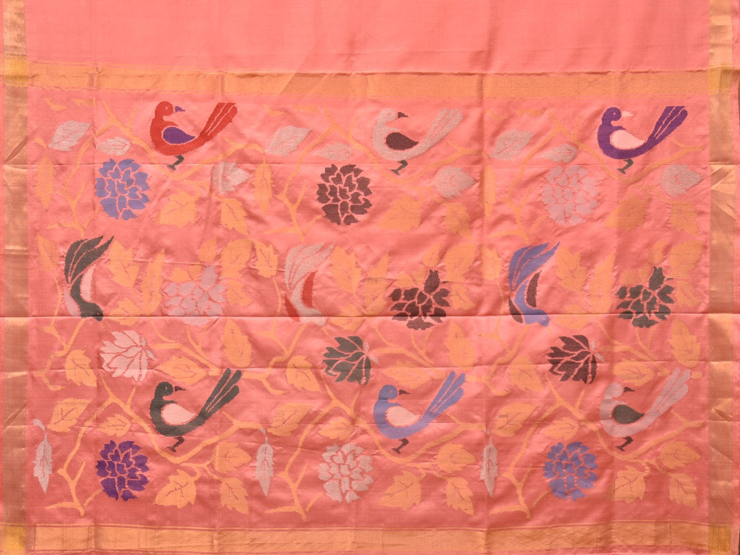 Peach Uppada Silk Handloom Saree with Birds and Floral Pallu Design - Global Threads