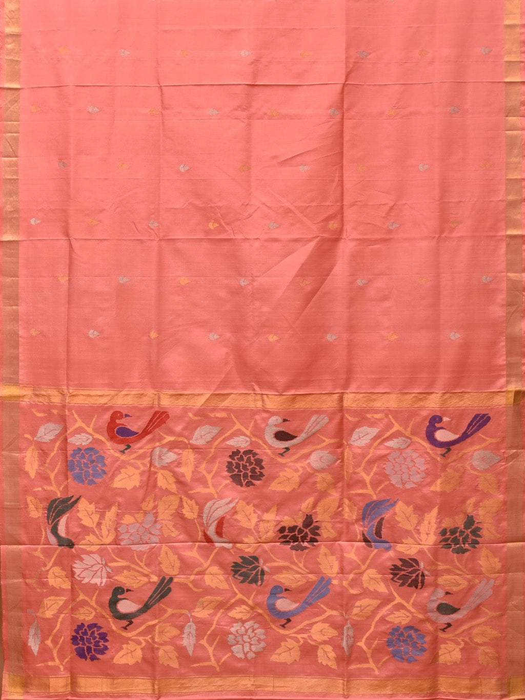 Peach Uppada Silk Handloom Saree with Birds and Floral Pallu Design - Global Threads