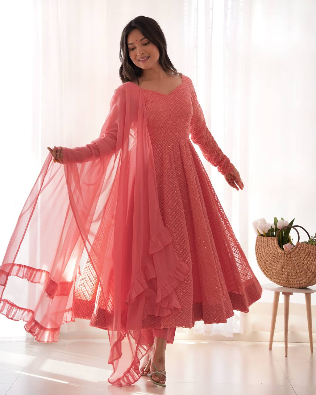 Evanik Peach Heavy Faux Georgette With Lucknowi Work Anarkali Suit - Distacart