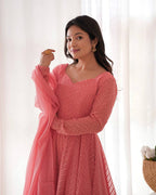 Evanik Peach Heavy Faux Georgette With Lucknowi Work Anarkali Suit - Distacart