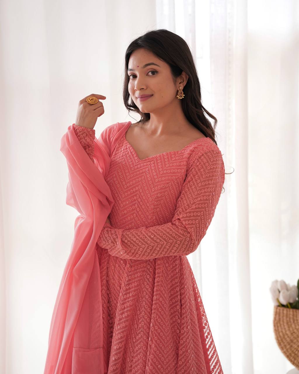 Evanik Peach Heavy Faux Georgette With Lucknowi Work Anarkali Suit - Distacart