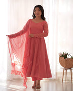 Evanik Peach Heavy Faux Georgette With Lucknowi Work Anarkali Suit - Distacart
