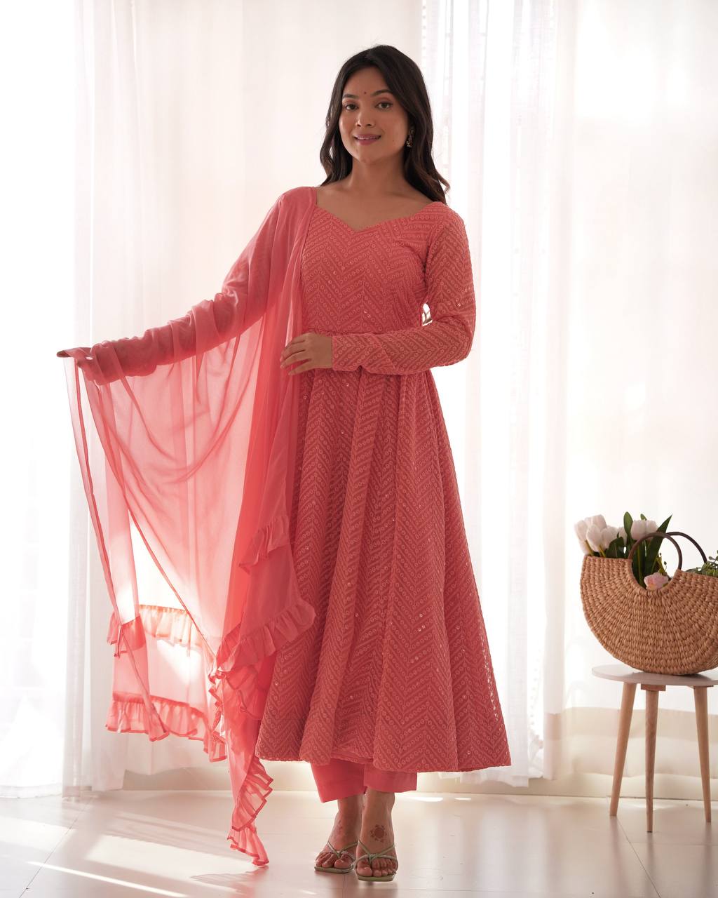 Evanik Peach Heavy Faux Georgette With Lucknowi Work Anarkali Suit - Distacart