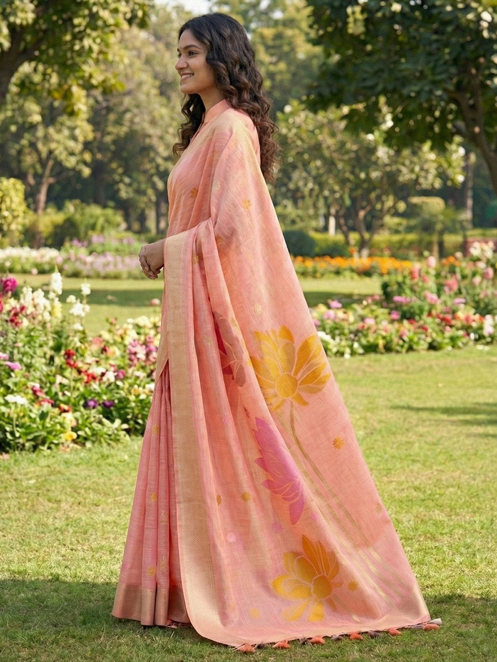 Anaita Peach Linen Saree With Blouse Piece - Distacart