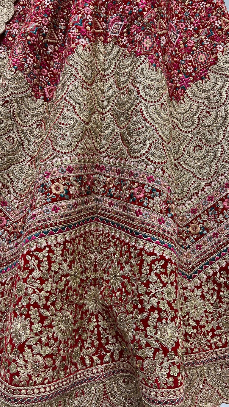 Jyoti Fashion Women's Red Velvet Fancy Dori & Sequins Multi Thread Embroidered with Diamond Work Wedding Lehenga Choli
