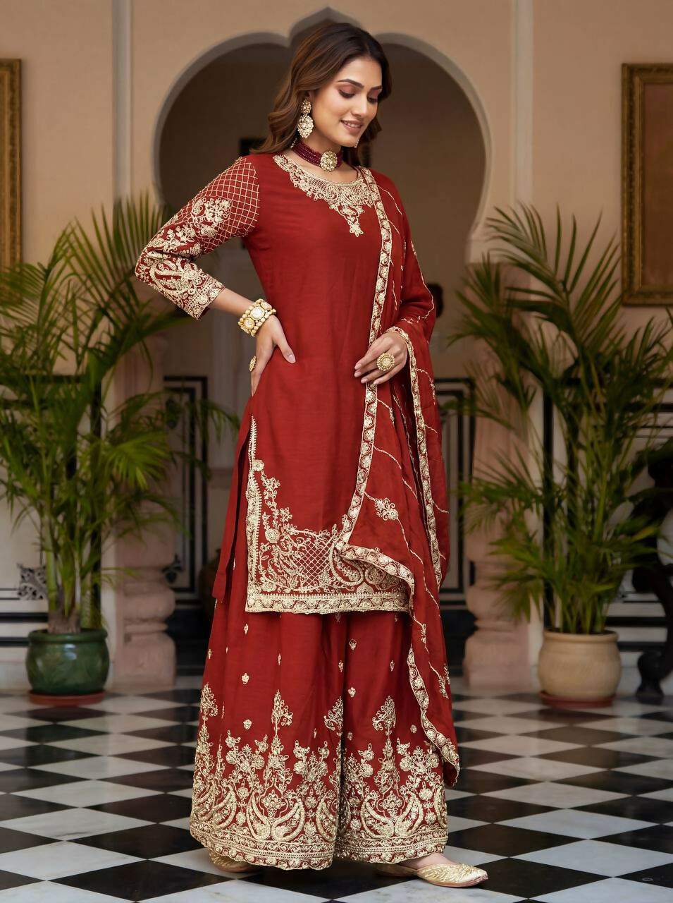 Joban Fashion Red Silk Embroidered Sharara Set - Distacart