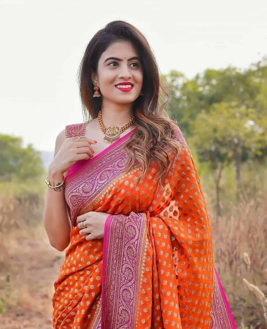 DEIANA'S Beautiful Designer Golden zari Soft Lichi Silk Saree - Orange
