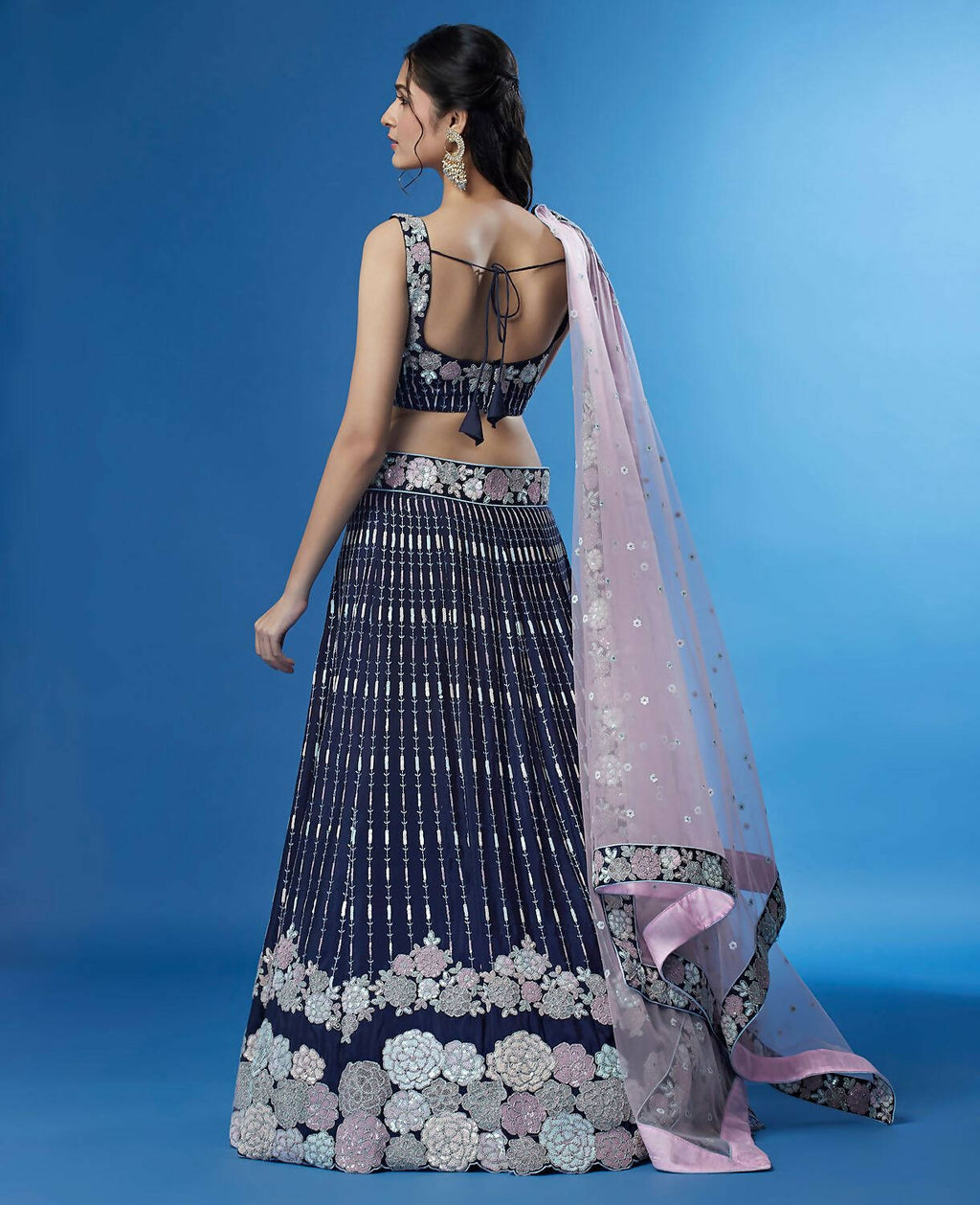 House of Panchhi Navy Blue Color Georgette Multi-Sequins Work Lehenga