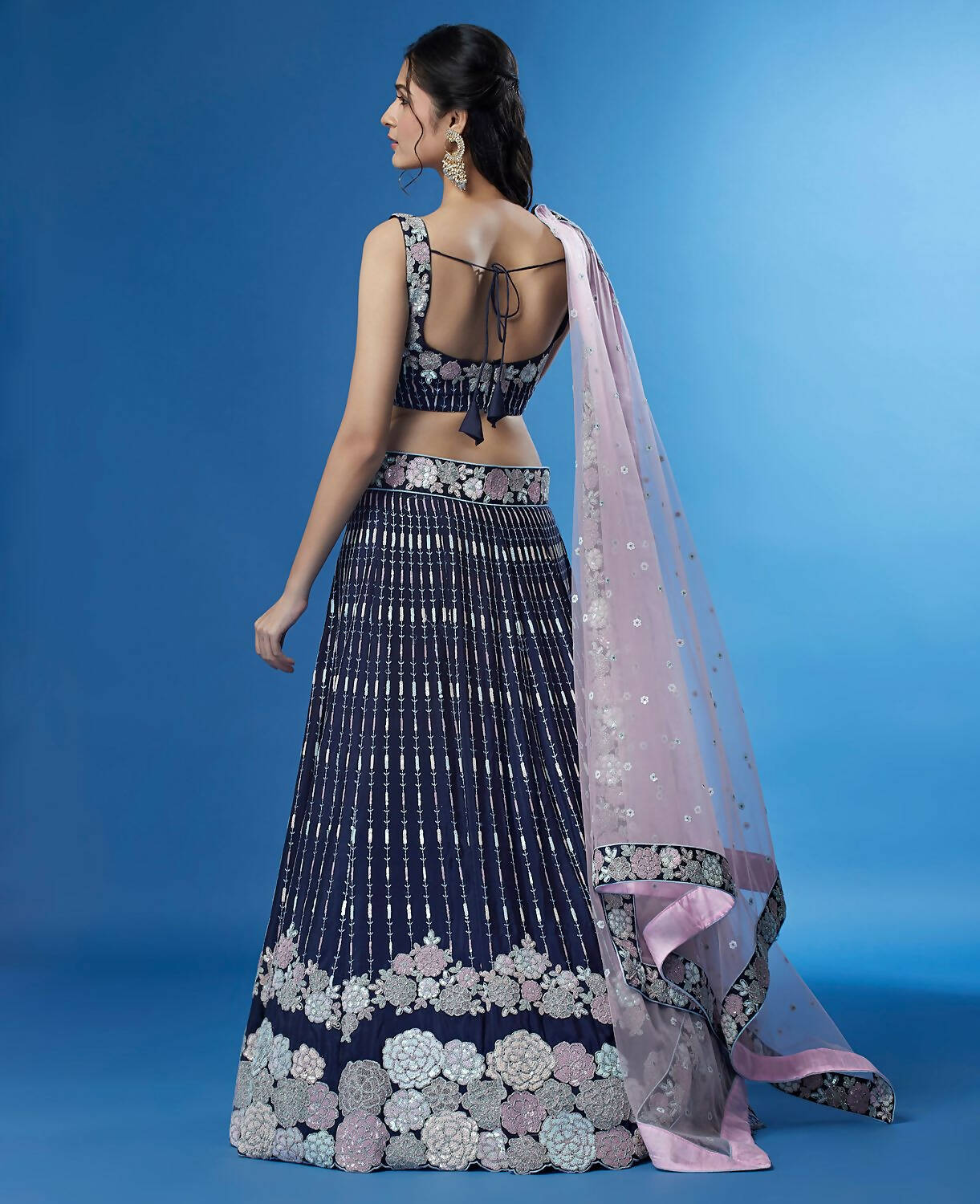 House of Panchhi Navy Blue Color Georgette Multi-Sequins Work Lehenga