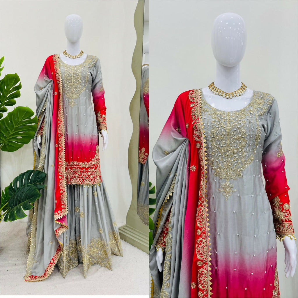The52 Women's Beautiful Chinon silk Fabric Embroidery Work Straight Kurta Palazzo and Dupatta Set - Distacart