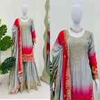 The52 Women's Beautiful Chinon silk Fabric Embroidery Work Straight Kurta Palazzo and Dupatta Set - Distacart
