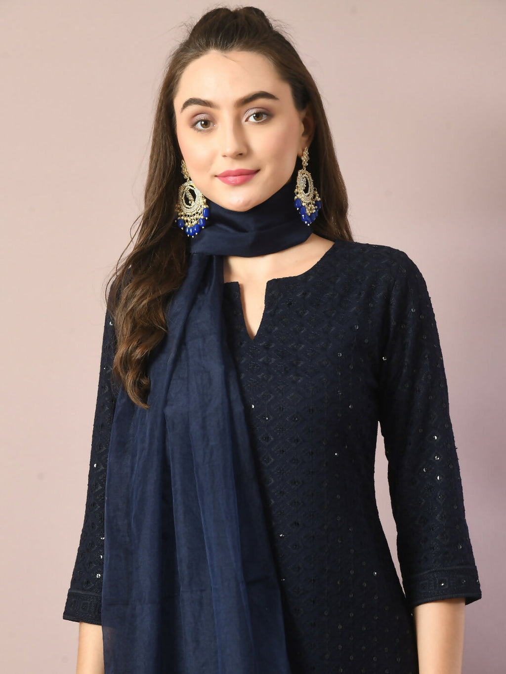 Myshka Women's Navy Blue Embroidered Cotton Straight Party Kurta Set With Dupatta