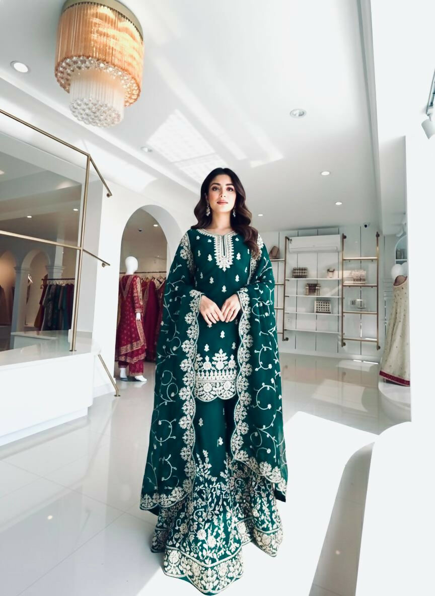 Teeya Creation Teal Pure Silk Gimmy Silk Heavy Embroidery Work Wedding Wear Palazzo Pair - Distacart