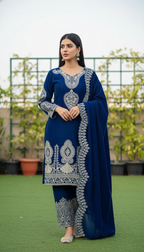 Teeya Creation Blue Color Velvet Designer Embroidery Work party Wear Suit - Distacart