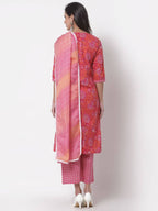 Myshka Women's Cotton Printed 3/4 Sleeve Round Neck Casual Pink Kurta Pant Dupatta Set