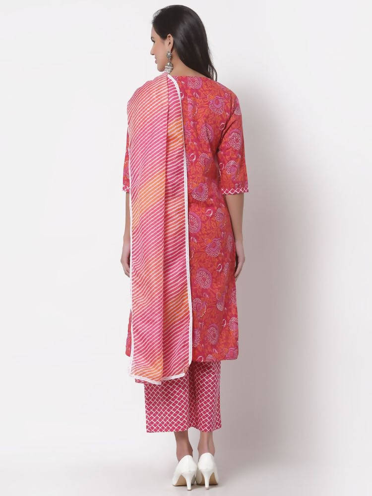 Myshka Women's Cotton Printed 3/4 Sleeve Round Neck Casual Pink Kurta Pant Dupatta Set