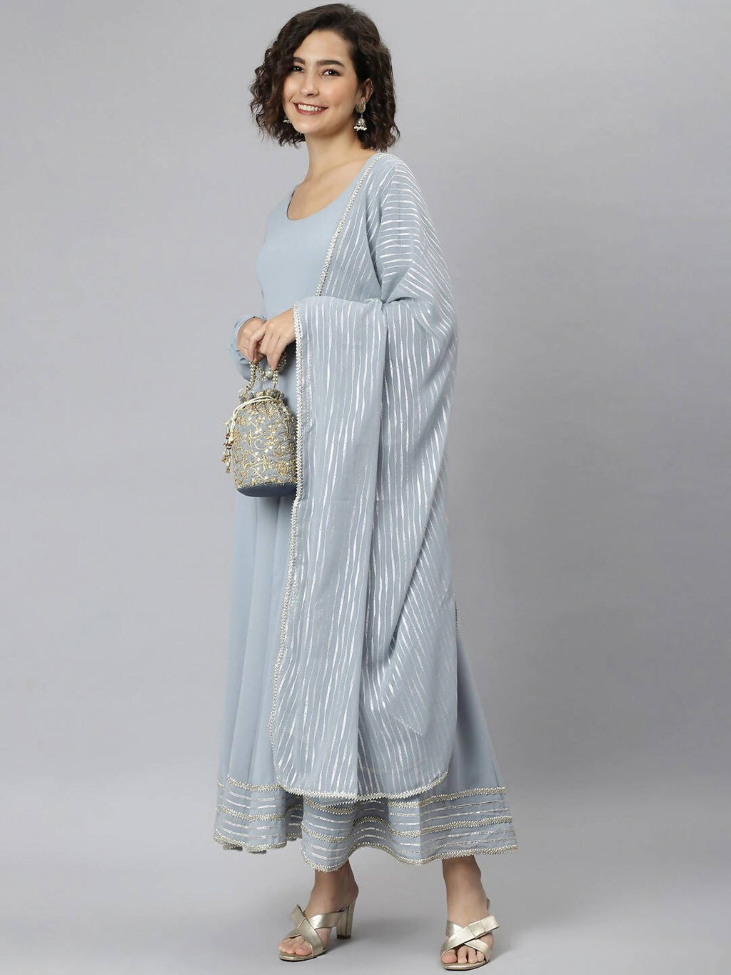 Janasya Grey Flared Sleeves Gotta Patti Georgette Anarkali Kurta - Distacart
