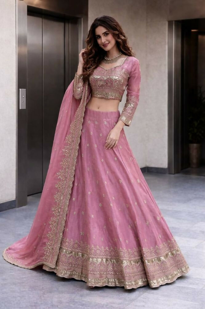Teeya Creation Pink Color Fendy Satin Heavy Embroidery Work Wedding Wear Stitched Lehenga Choli - Distacart