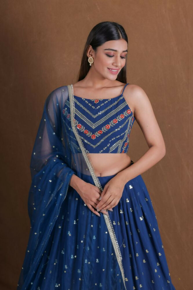 Teal Blue Georgette Sequence Work Lehenga Choli - Jihu Culture