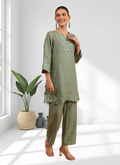 Joban Fashion Pista Green Linen Embroidered Readymade Cord Set - Distacart