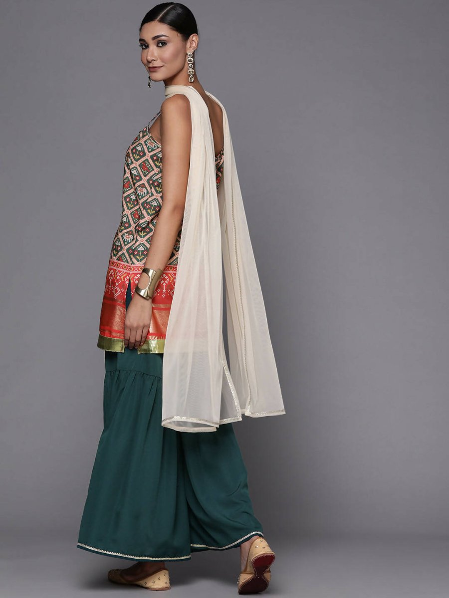 Ahalyaa Women Green & Red Ethnic Motifs Print Kurti with Sharara & Dupatta - Distacart