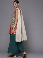 Ahalyaa Women Green & Red Ethnic Motifs Print Kurti with Sharara & Dupatta - Distacart