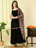 Myshka Women's Black Velvet Kurti & Sharara With Dupatta Party Sets