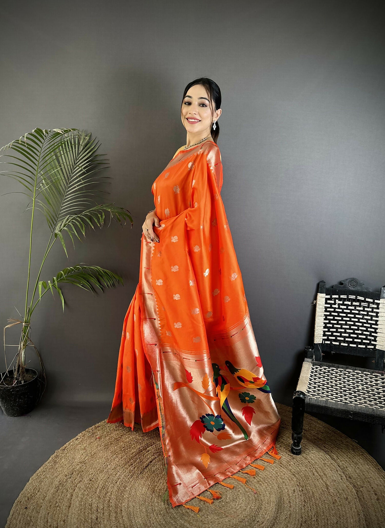 Joban Fashion Orange Peacock & Floral Motifs Soft Silk Kanchipuram Saree - Distacart