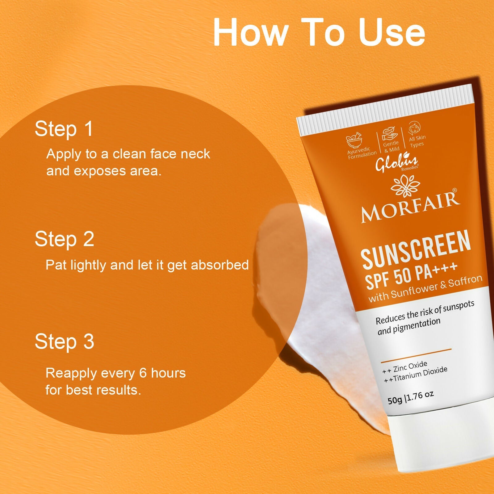 Globus Remedies Morfair Sunscreen SPF 50 PA+++ with Sunflower & Saffron For Reduces Sunspots & Pigmentation