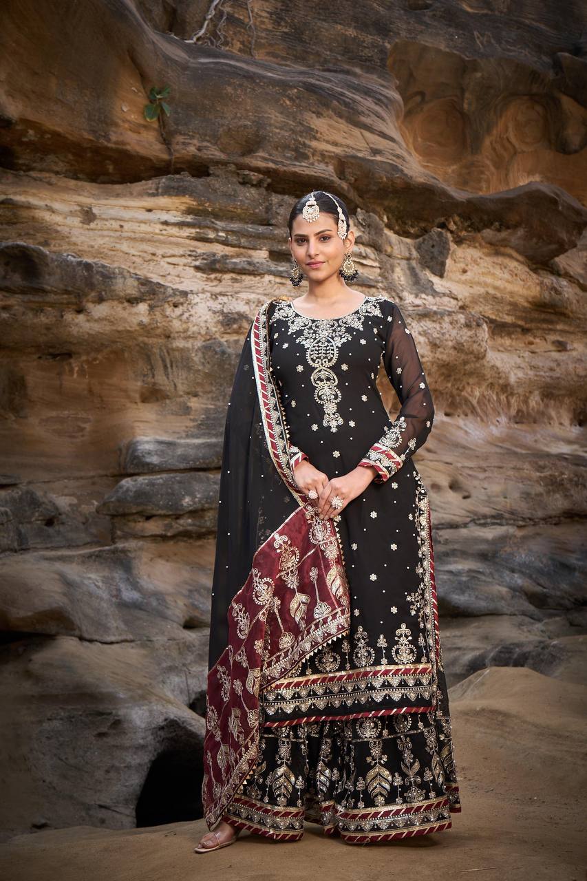 Lehenga Mart Designer Black Faux Georgette Ready to wear Sharara Suit for Eid - Distacart