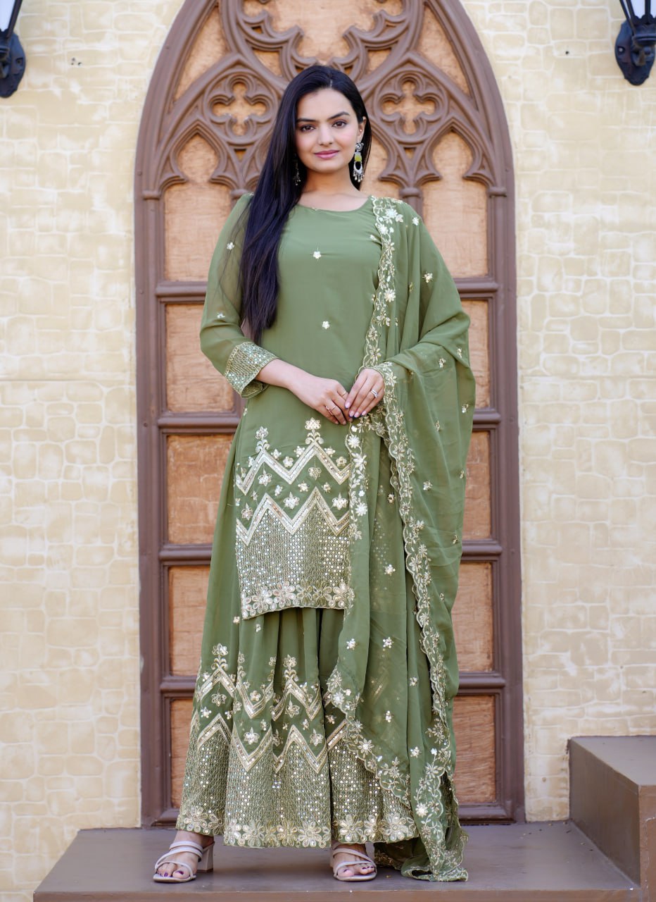 Teeya Creation Mint Green Color Faux Georgette Fully Stitched Sharara Suit