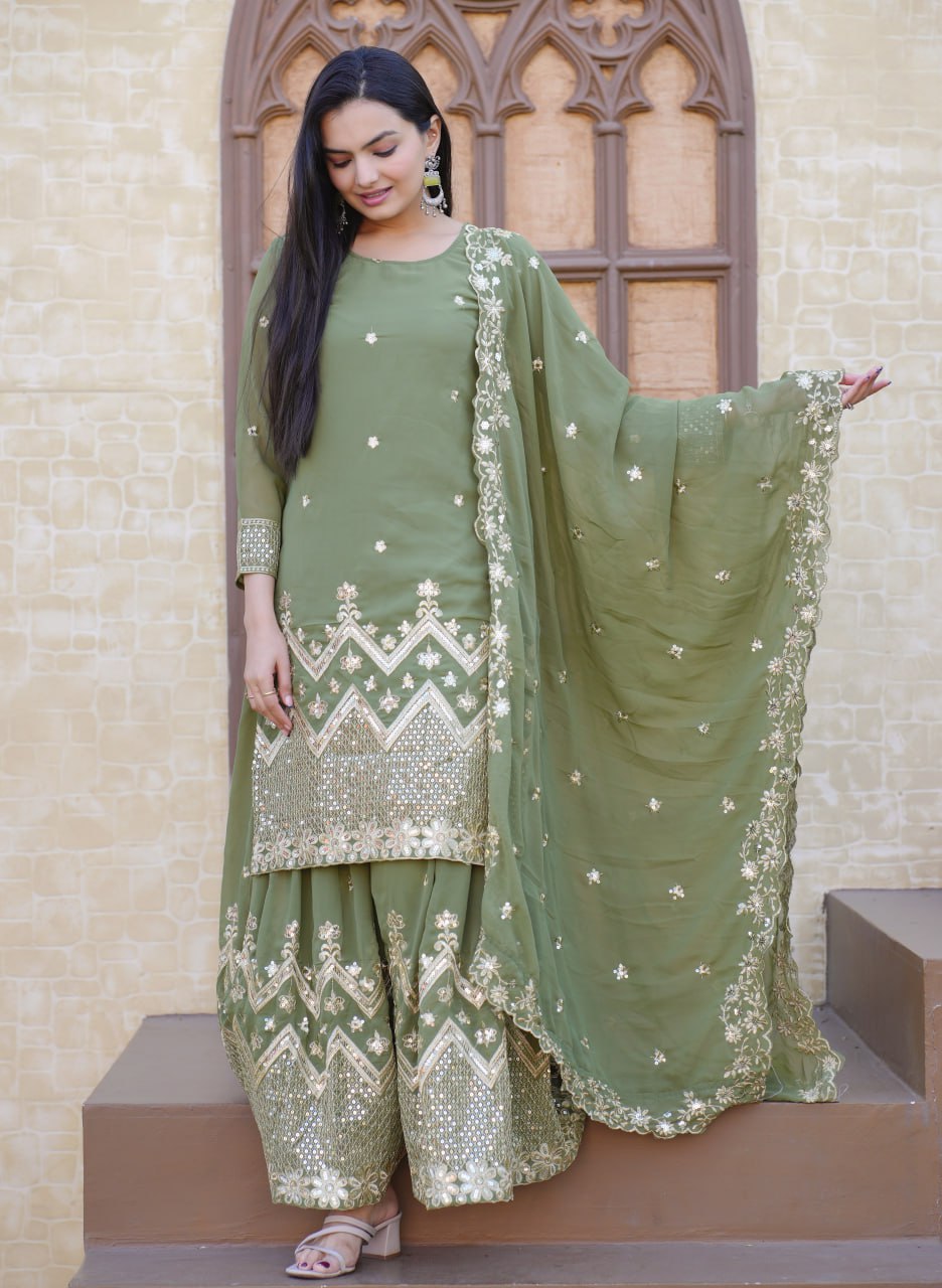 Teeya Creation Mint Green Color Faux Georgette Fully Stitched Sharara Suit