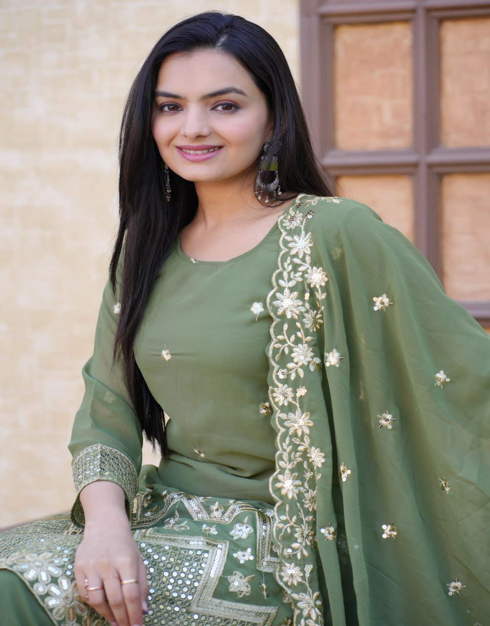 Teeya Creation Mint Green Color Faux Georgette Fully Stitched Sharara Suit