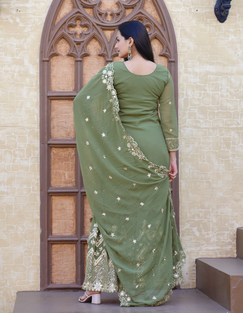 Teeya Creation Mint Green Color Faux Georgette Fully Stitched Sharara Suit