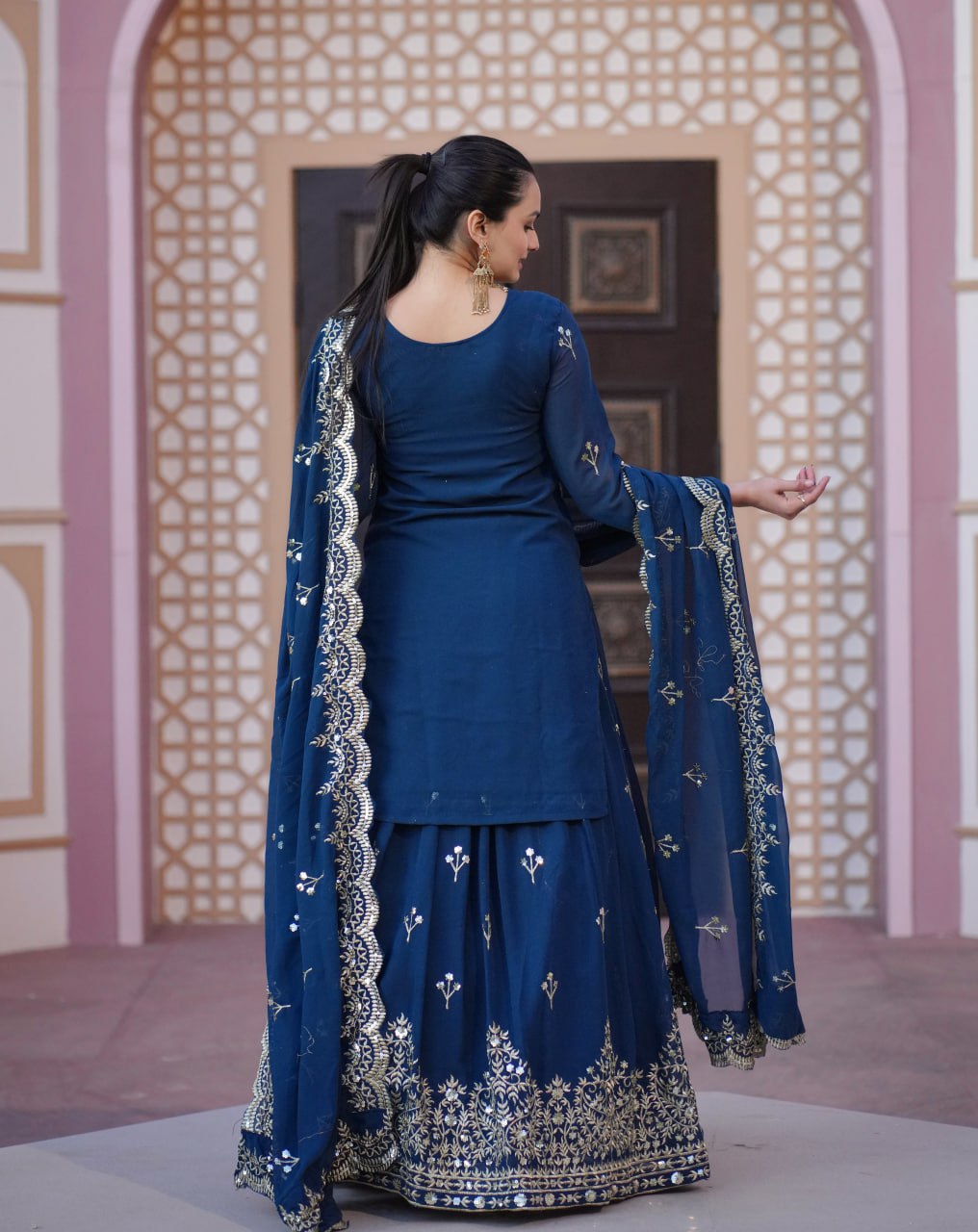 Teeya Creation Blue Color Faux Georgette Fully Stitched Sharara Suit