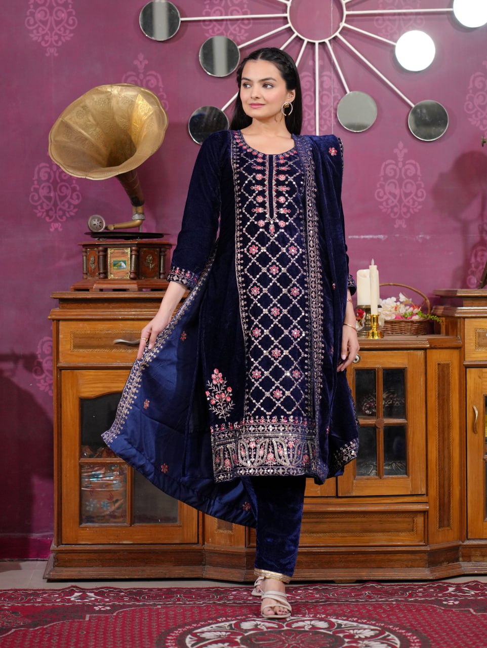 Teeya Creation Blue Color Velvet Fabric Heavy Embroidery Work Fully Stitched Salwar Suit