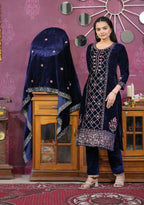 Teeya Creation Blue Color Velvet Fabric Heavy Embroidery Work Fully Stitched Salwar Suit