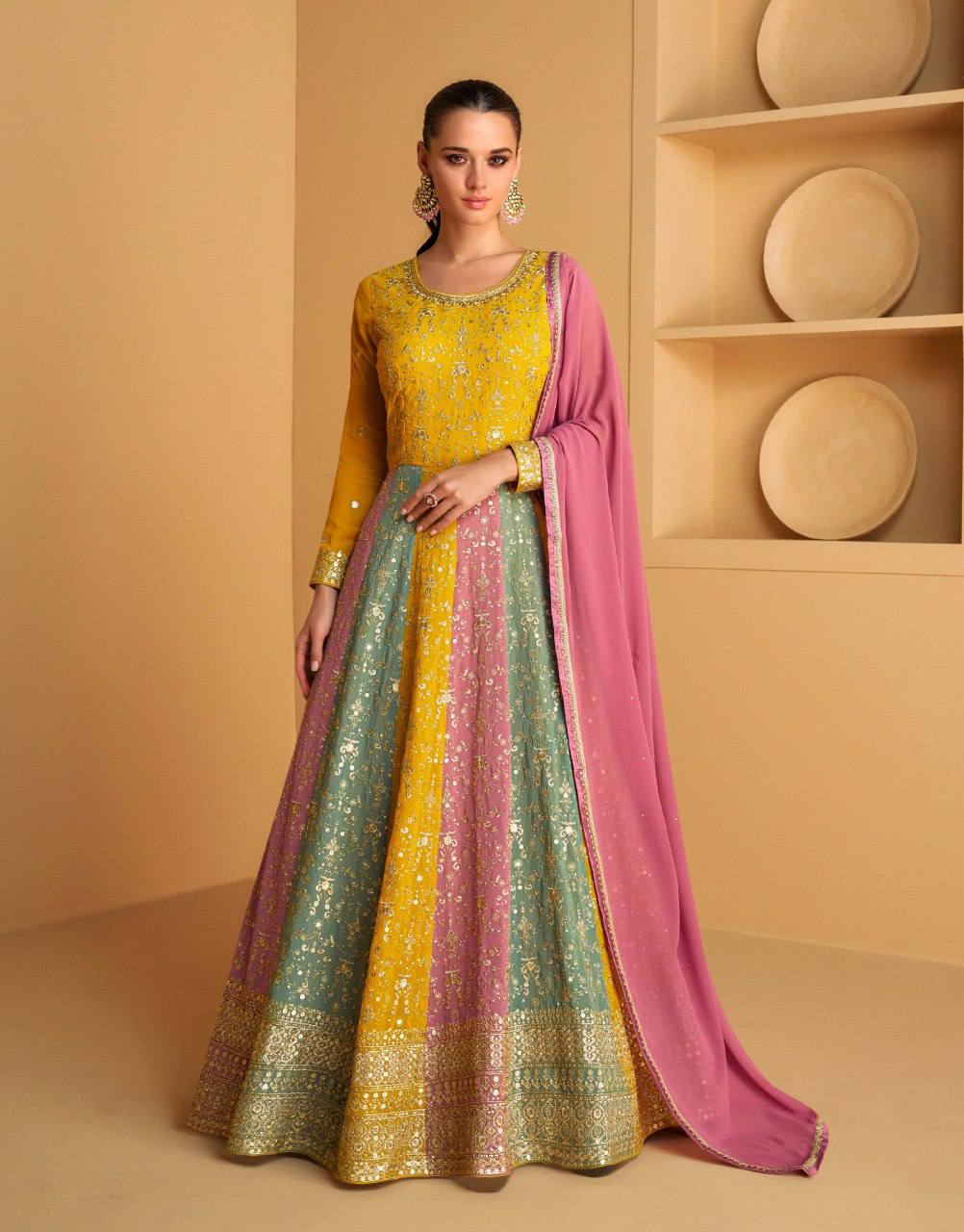 Teeya Creation Multi Colour Faux Georgette Heavy Embroidery Sequence Work Fully Stitched Salwar Suit (Gown & Dupatta)