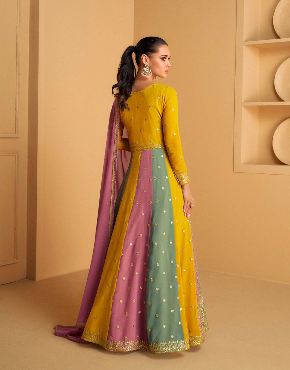 Teeya Creation Multi Colour Faux Georgette Heavy Embroidery Sequence Work Fully Stitched Salwar Suit (Gown & Dupatta)