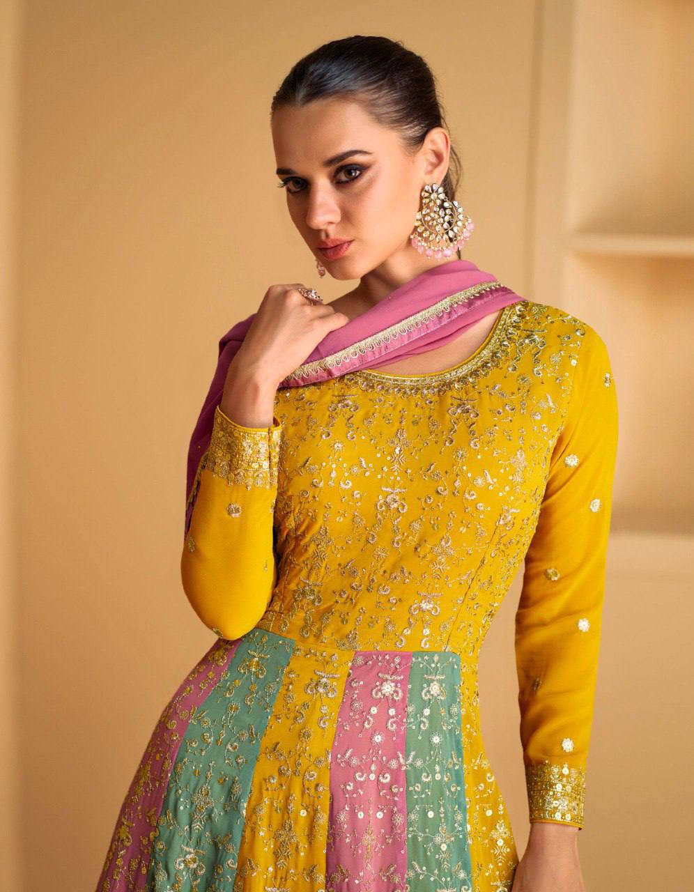 Teeya Creation Multi Colour Faux Georgette Heavy Embroidery Sequence Work Fully Stitched Salwar Suit (Gown & Dupatta)